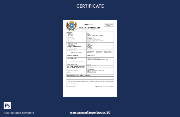 stile verificato Certificato di morte dello stato di stato della Somalia Modello